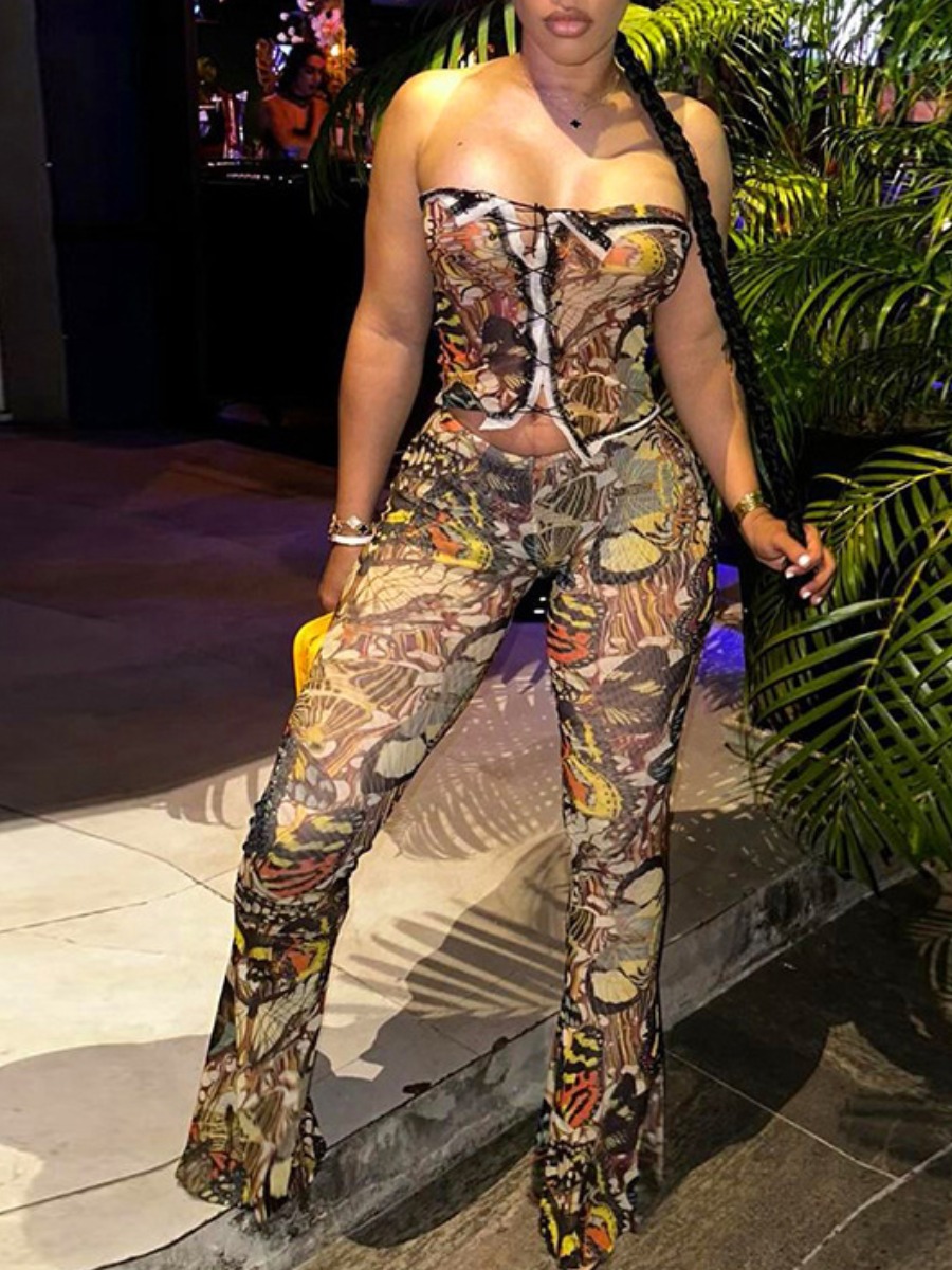 LW Crop Top Butterfly Print Flared Pants Set
