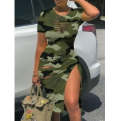 LW Camo Print Ripped Ruched Drawstring Bodycon Dre