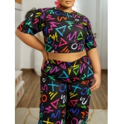 LW Plus Size Crop Top Graffiti Letter Pants Set
