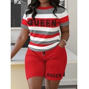 LW Plus Size Queen Letter Print Striped Shorts Set