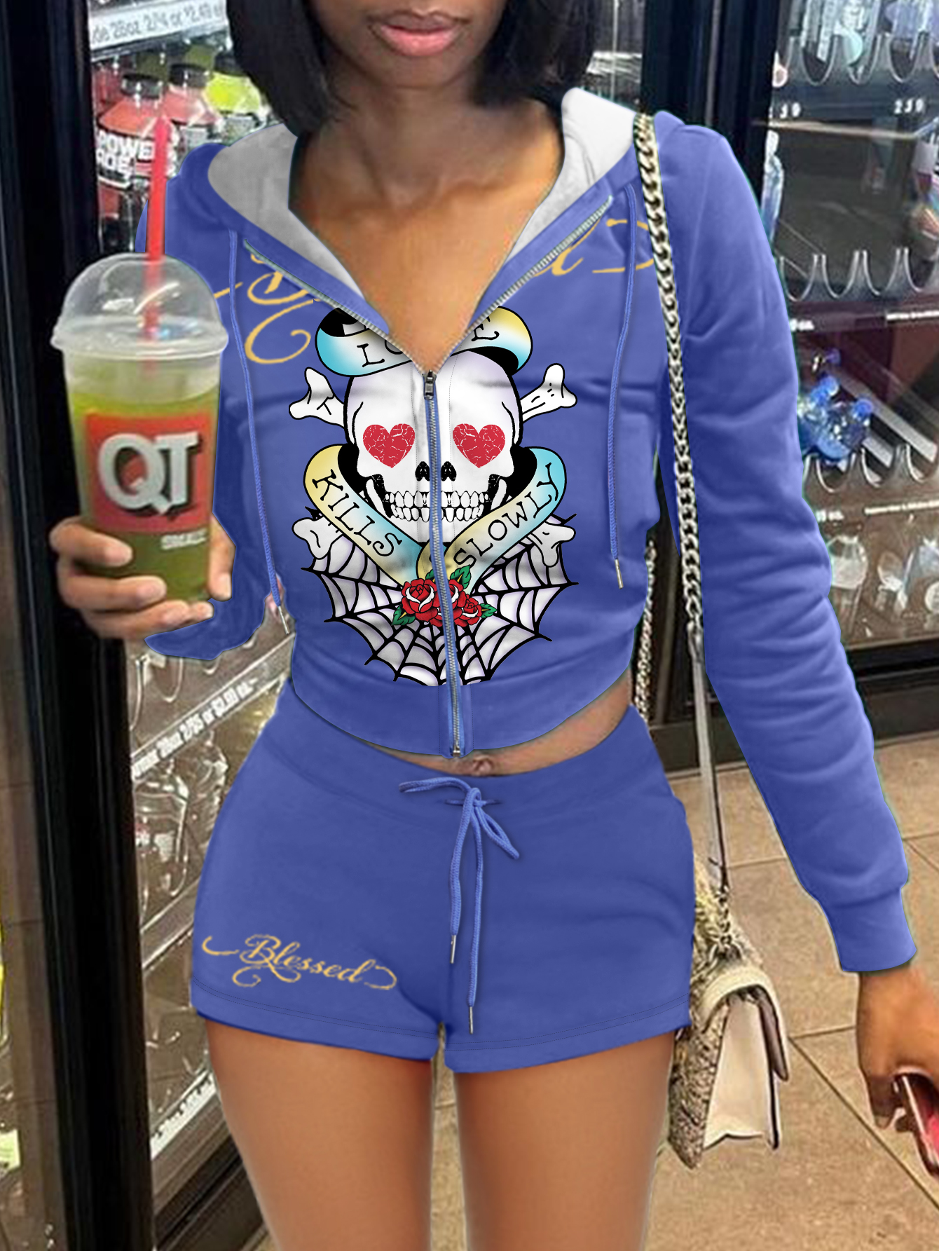 LW Skull Head Letter Print Drawstring Shorts Set