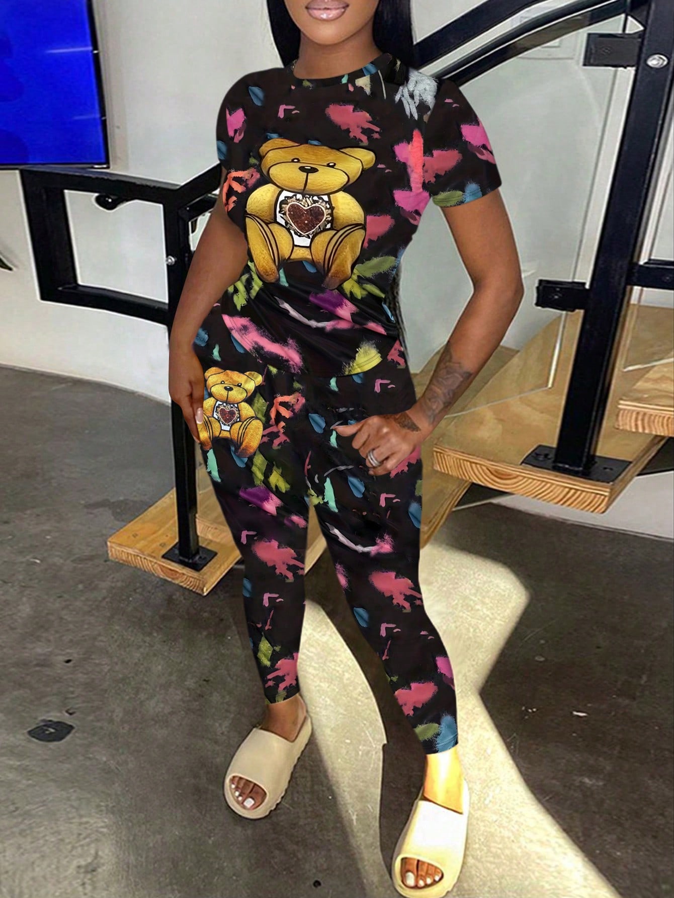 LW Tie Dye Teddy Bear Print Pants Set