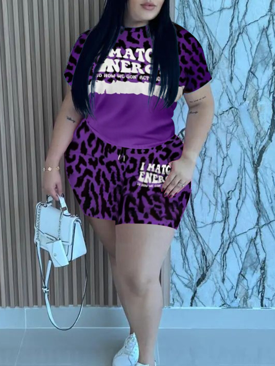 LW Plus Size Leopard Letter Print Drawstring Shorts Set