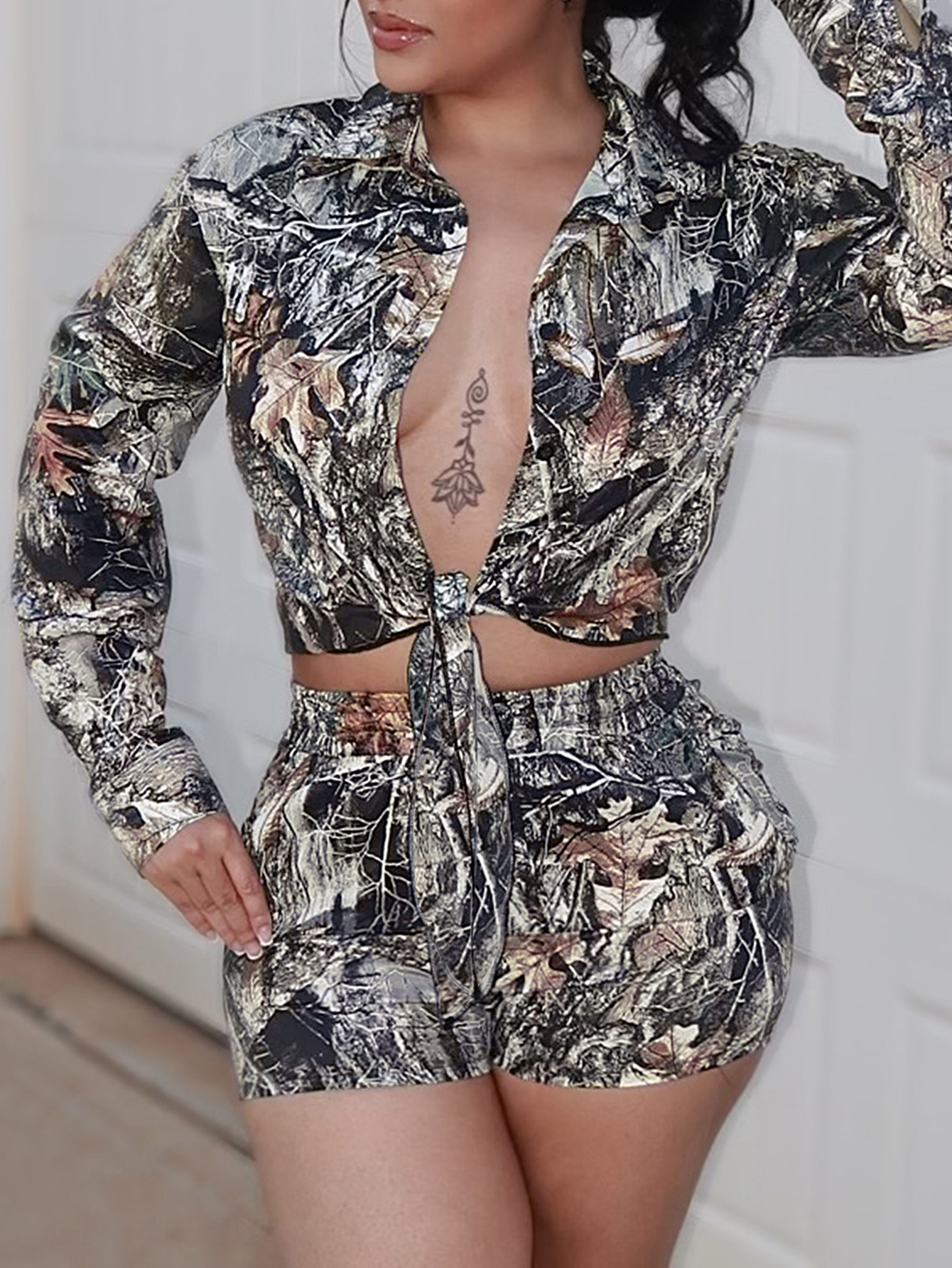 LW Turndown Collar Plant Mixed Print Shorts Set