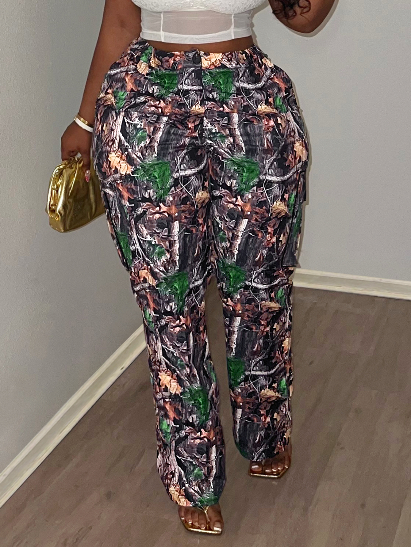 LW Plus Size Mid Waist Plant Mixed Print Pants 3X