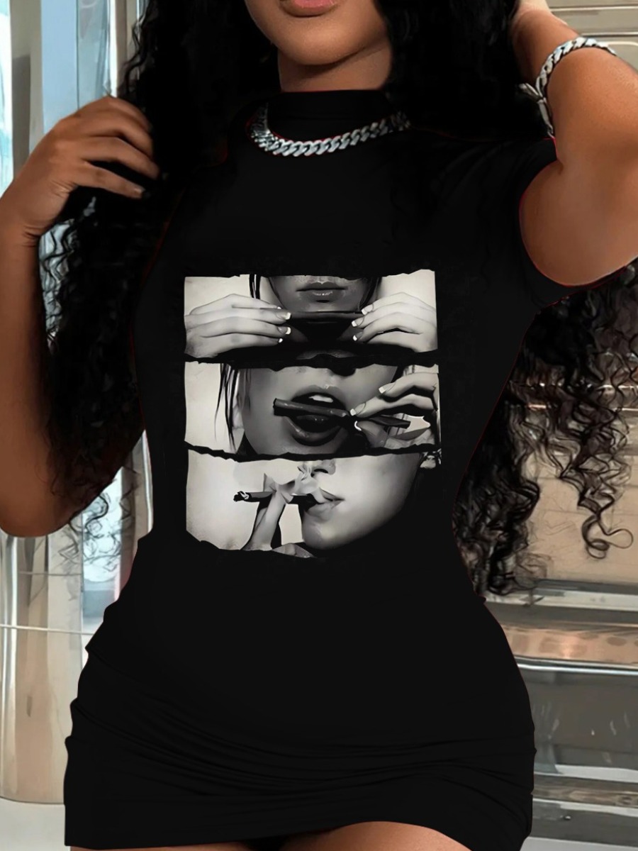 LW Round Neck Figure Print Bodycon Dress