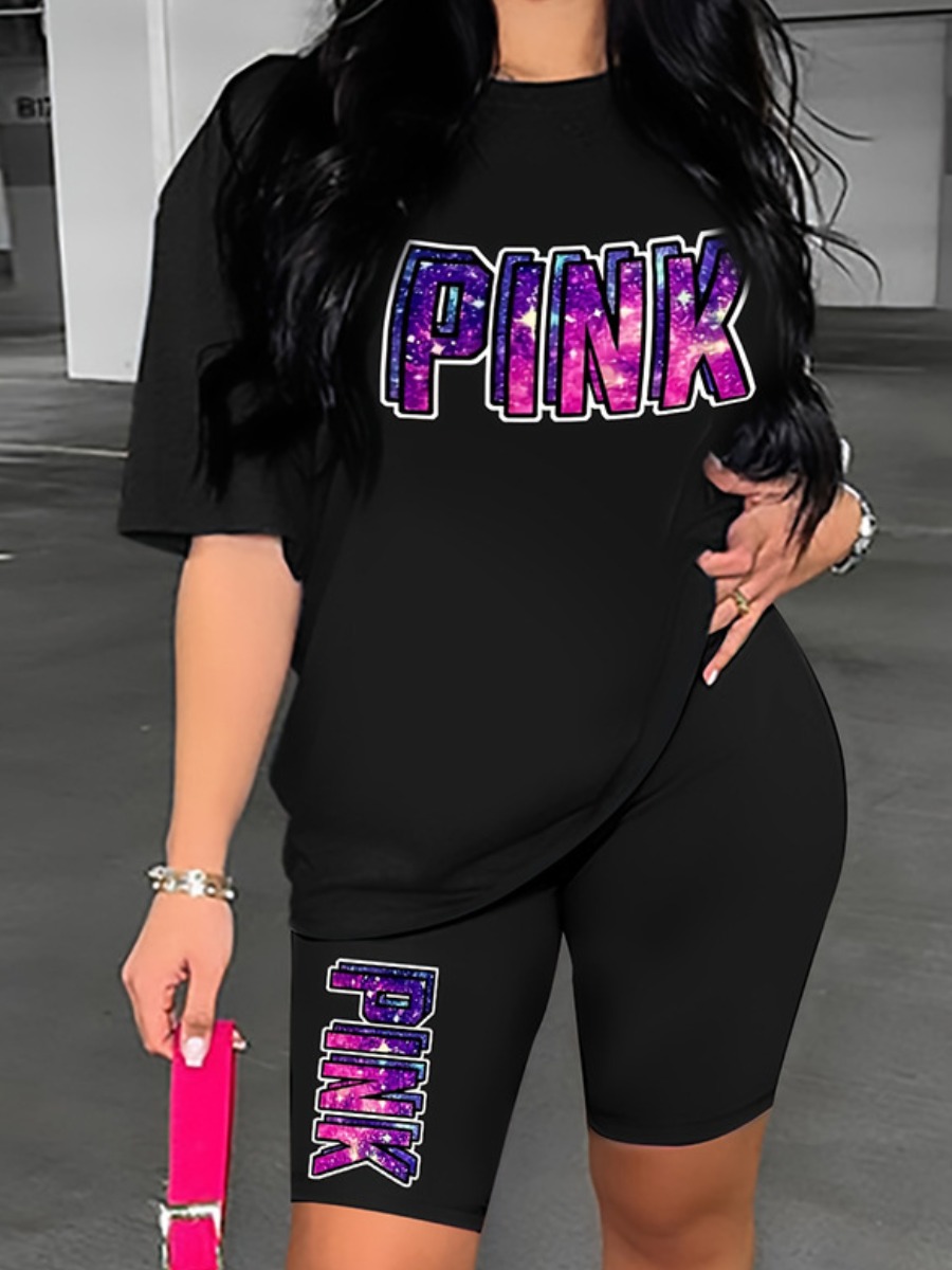 LW Tie Dye Pink Letter Print Shorts Set