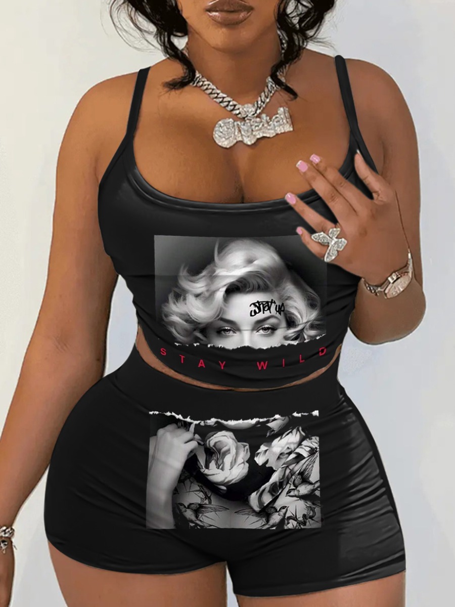 LW Cami Figure Letter Print Shorts Set