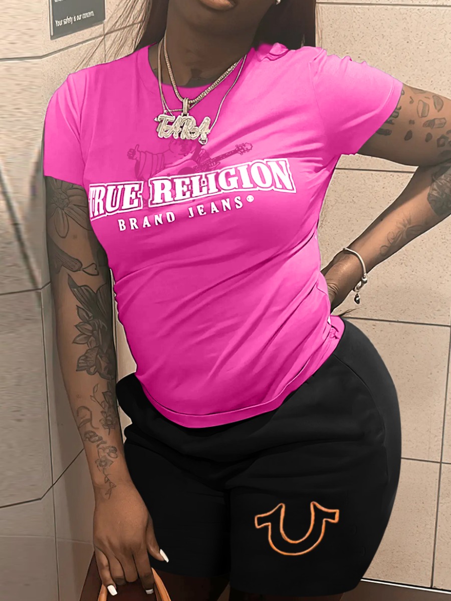 LW Round Neck Figure Letter Print Shorts Set