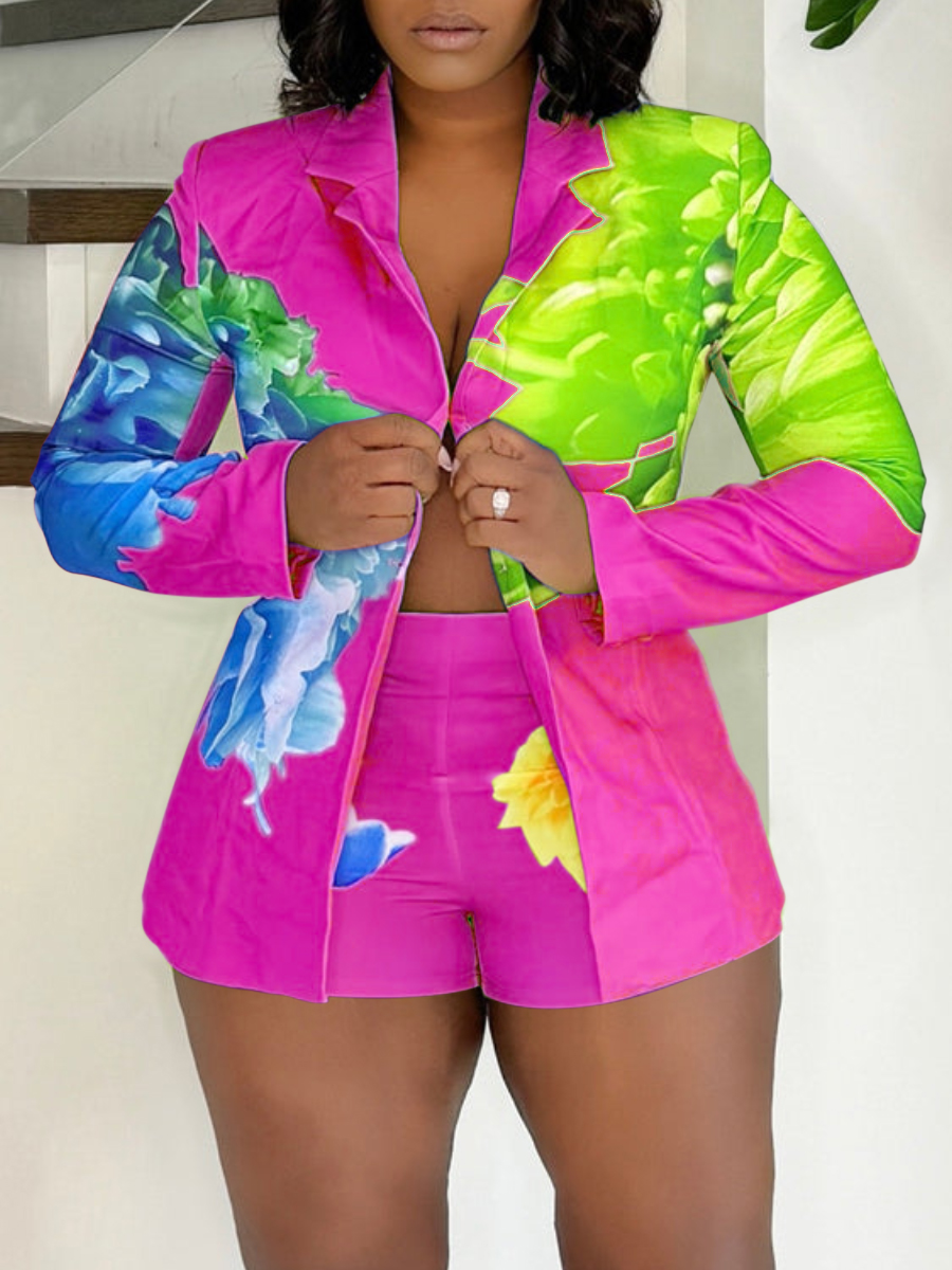 LW Plus Size Floral Print Blazer Shorts Set