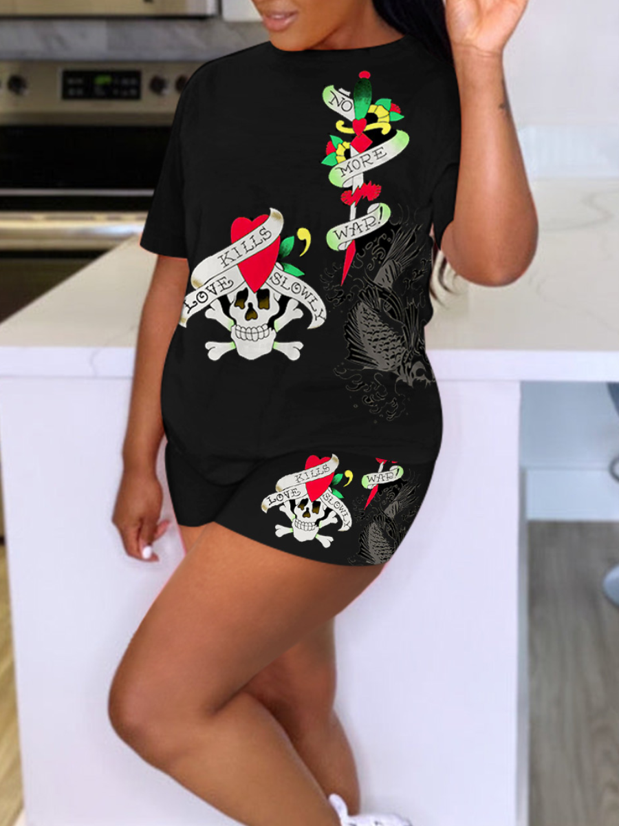 LW Plus Size Skull Head Floral Letter Print Shorts Set