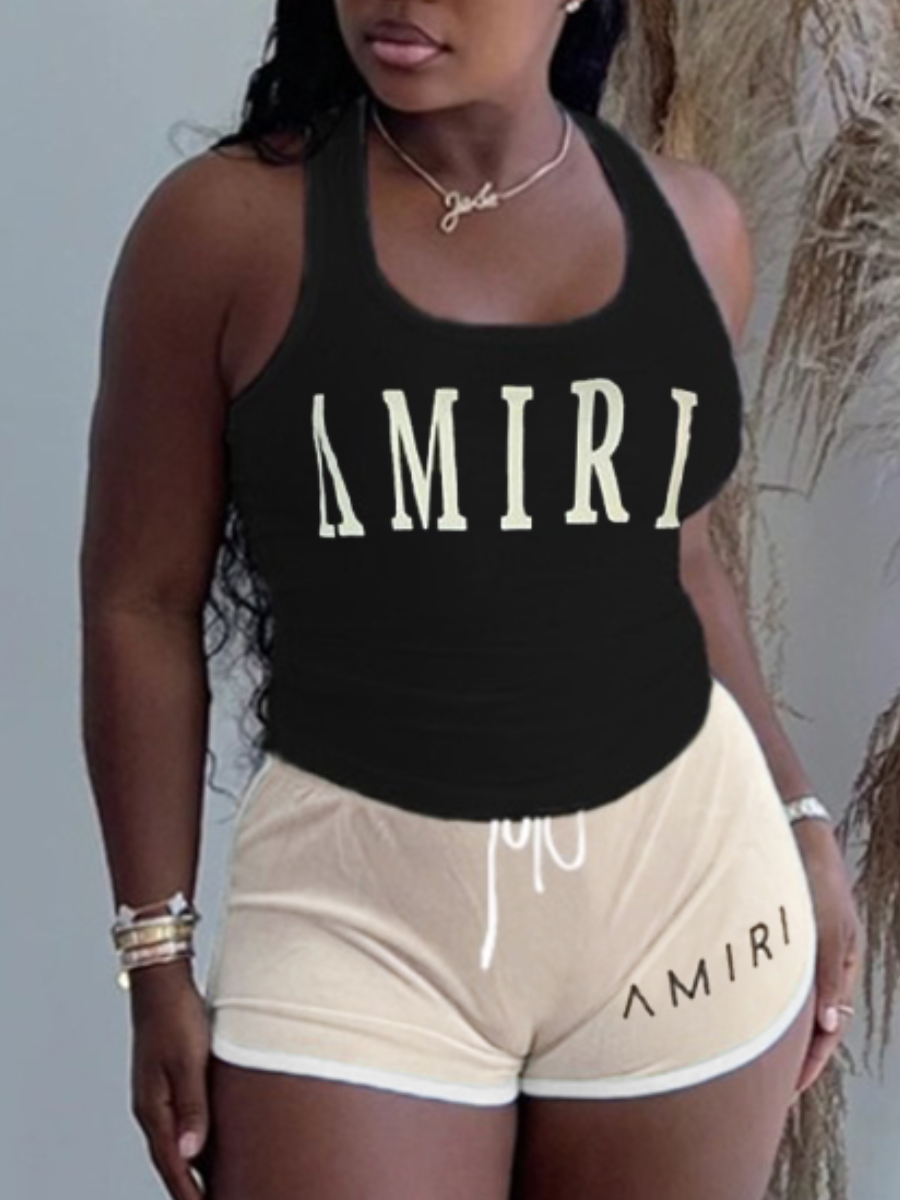 LW Cami Letter Print Drawstring Shorts Set
