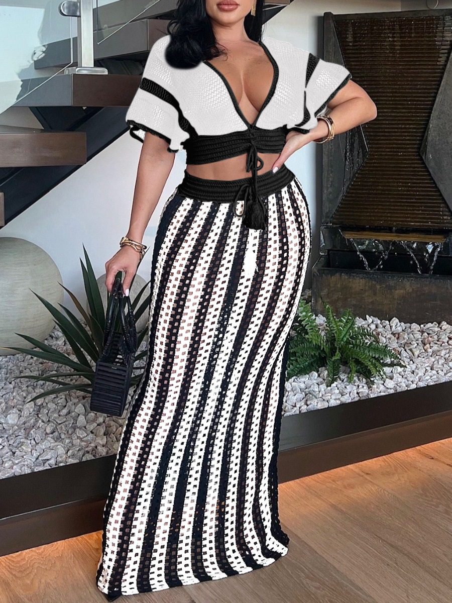 LW Backless Crop Top Striped See Through Skirt Set