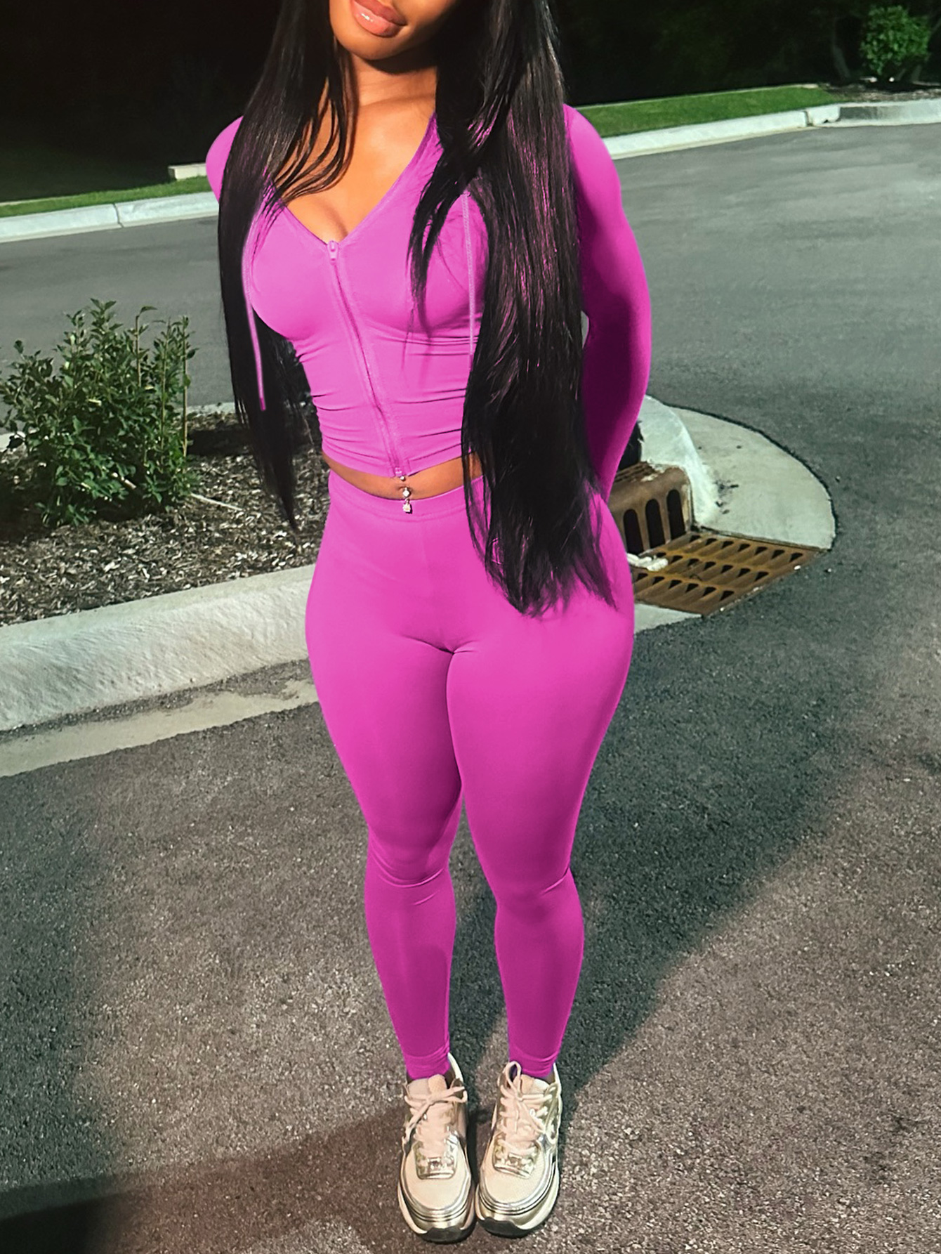 LW None Solid Color Two-piece Pants Set