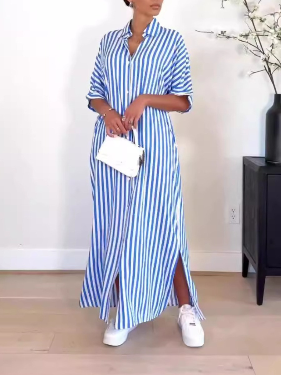 LW BASICS Turndown Collar Striped Shirt Dress