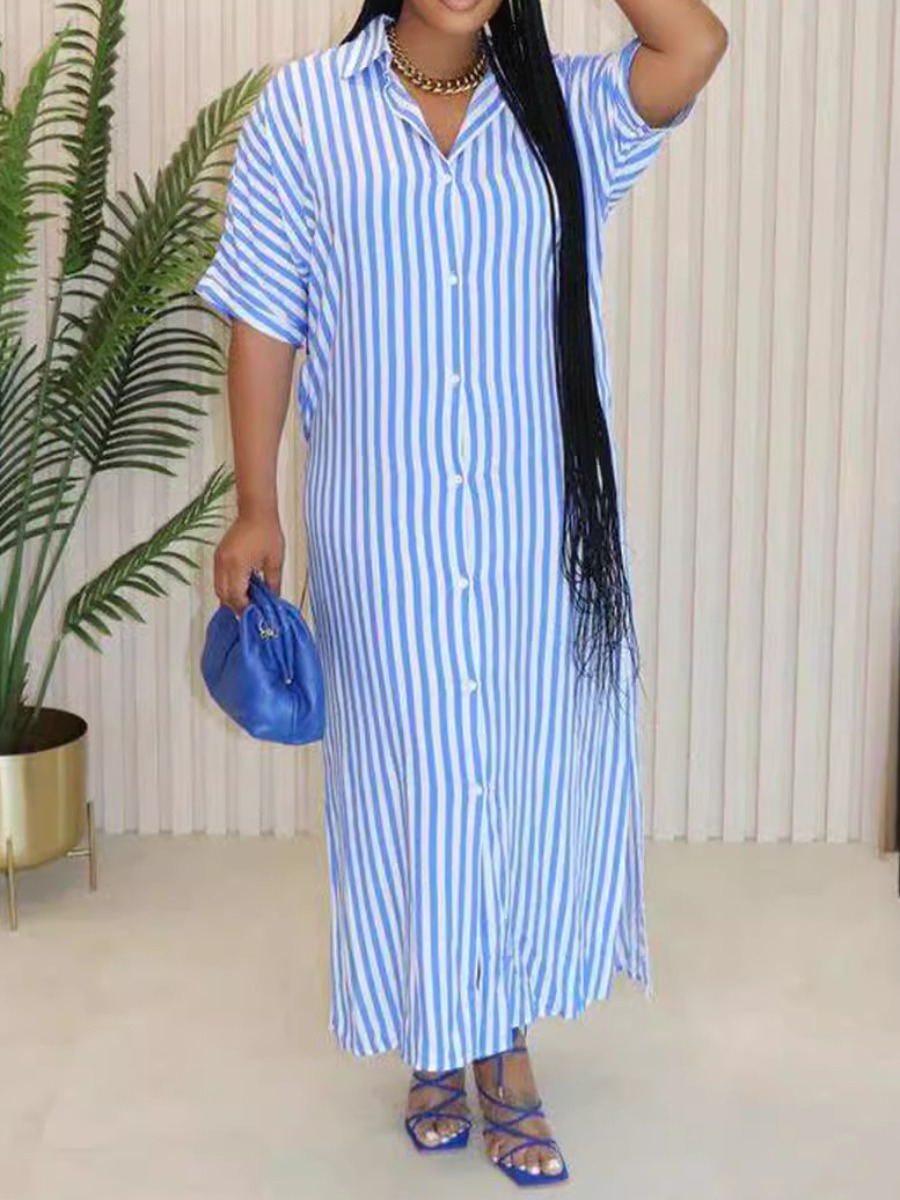 LW BASICS Turndown Collar Striped Shirt Dress