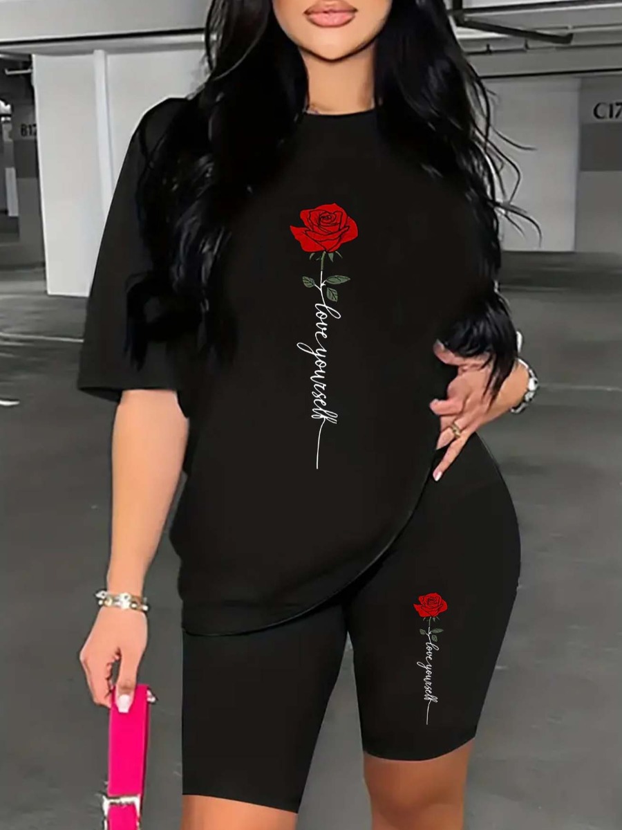 LW Rose Flower Letter Print Shorts Set