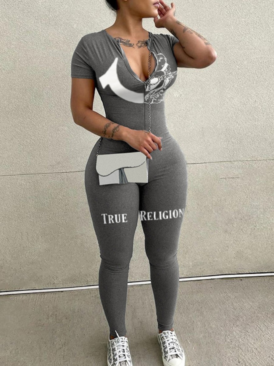 LW Letter Print Zipper Design Jumpsuit