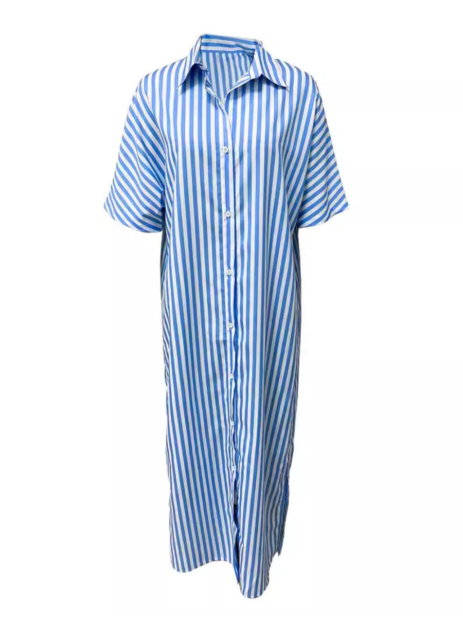 LW BASICS Turndown Collar Striped Shirt Dress