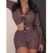 LW Striped Button Design Shorts Set