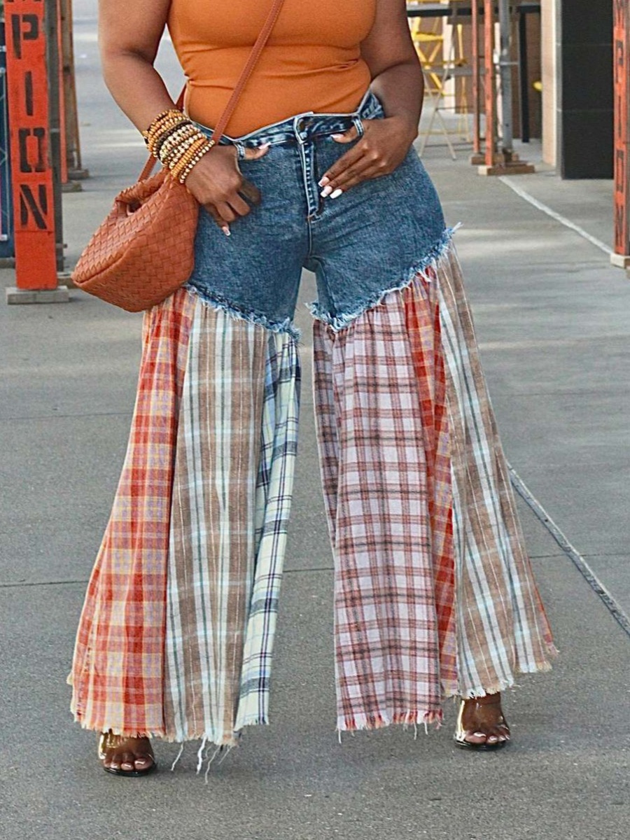 LW Patchwork Plaid Micro Elasticity Jeans