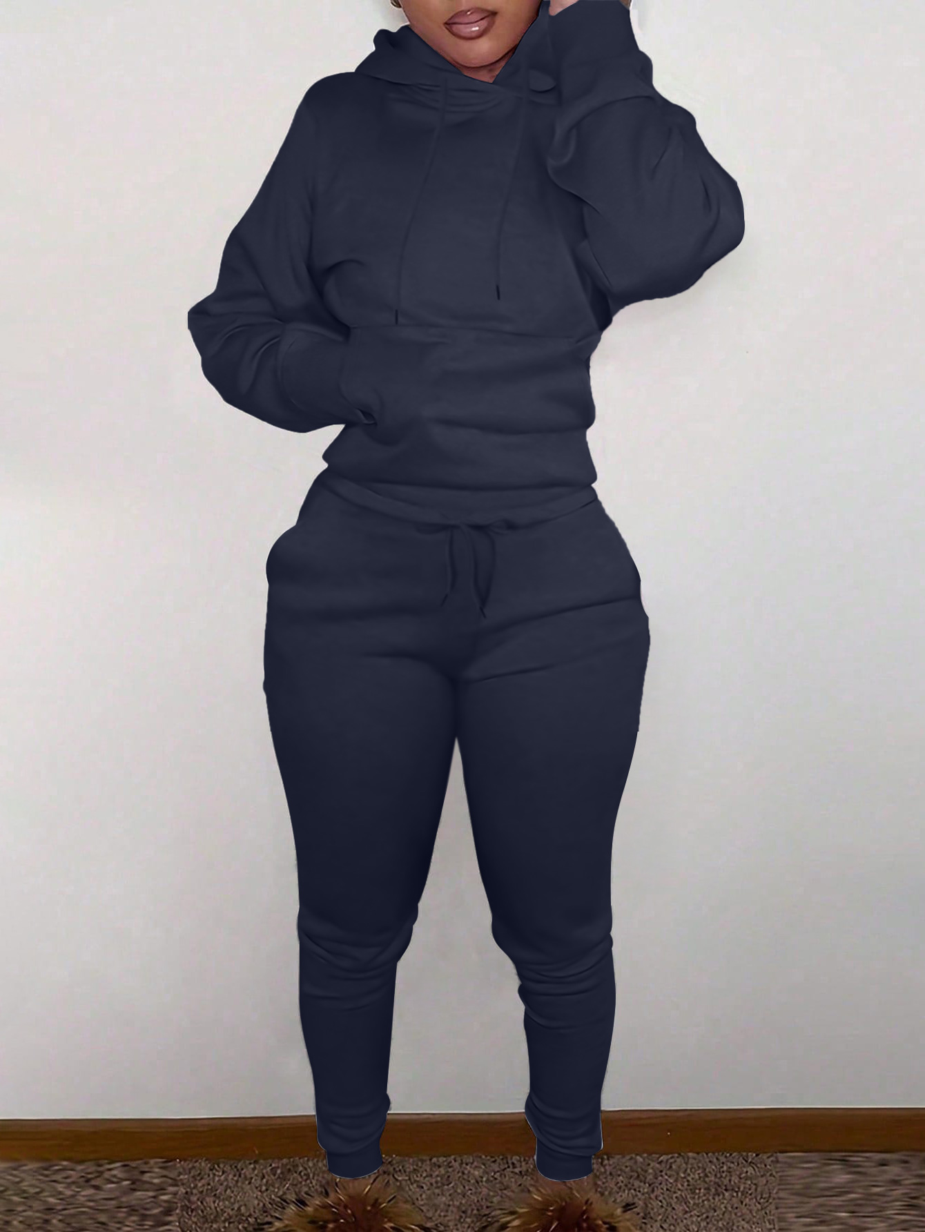 LW Casual Sweat Hooded Collar Lace Up Solid Color Long Sleeve Two-piece Pants Set
