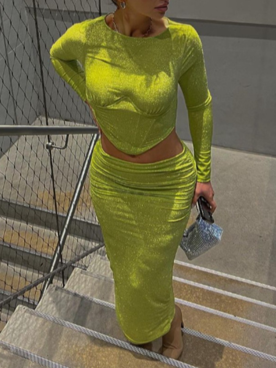 LW Casual Polyester Round Neck Solid Color Long Sleeve Two-piece Skirt Set