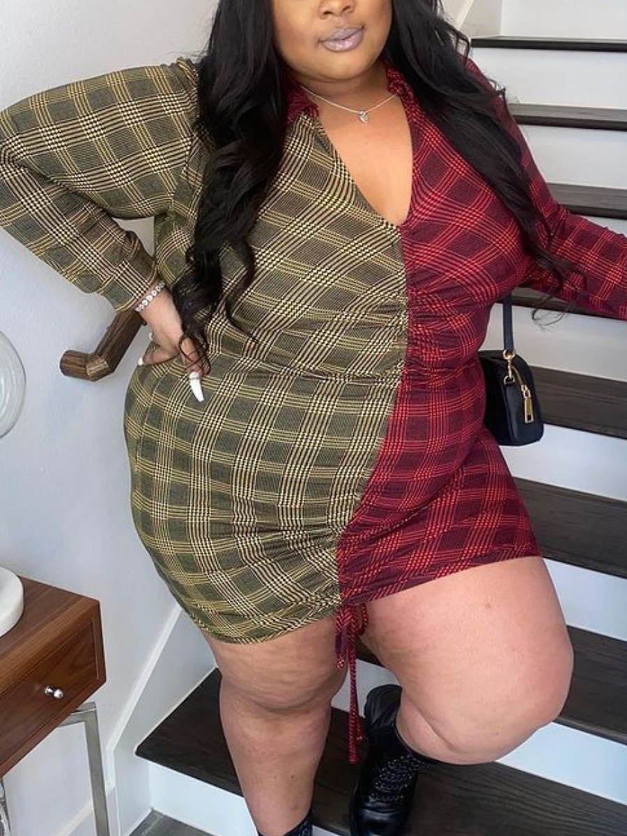 LW Plus Size Drawstring Plaid Dress