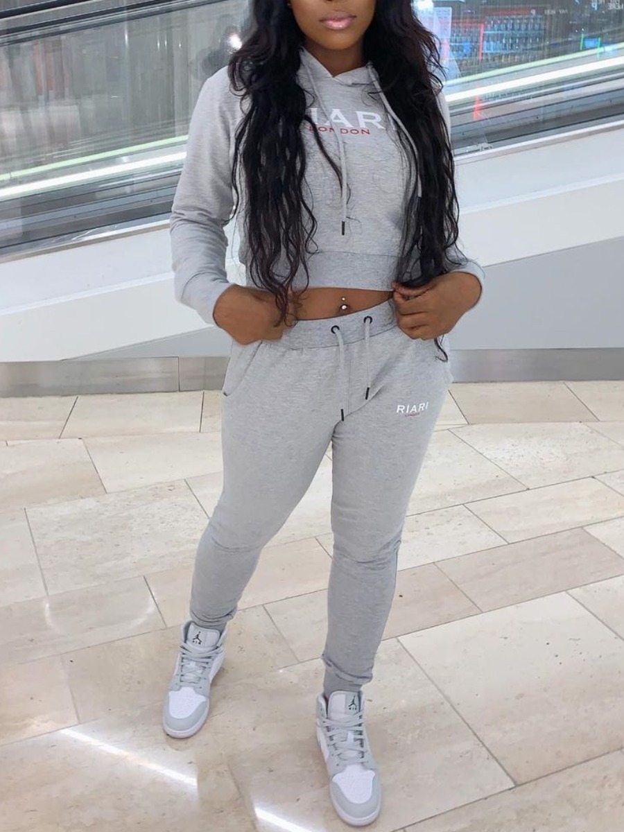 LW Casual Polyester Hooded Collar Pattern Letter Print Long Sleeve Two-piece Pants Set