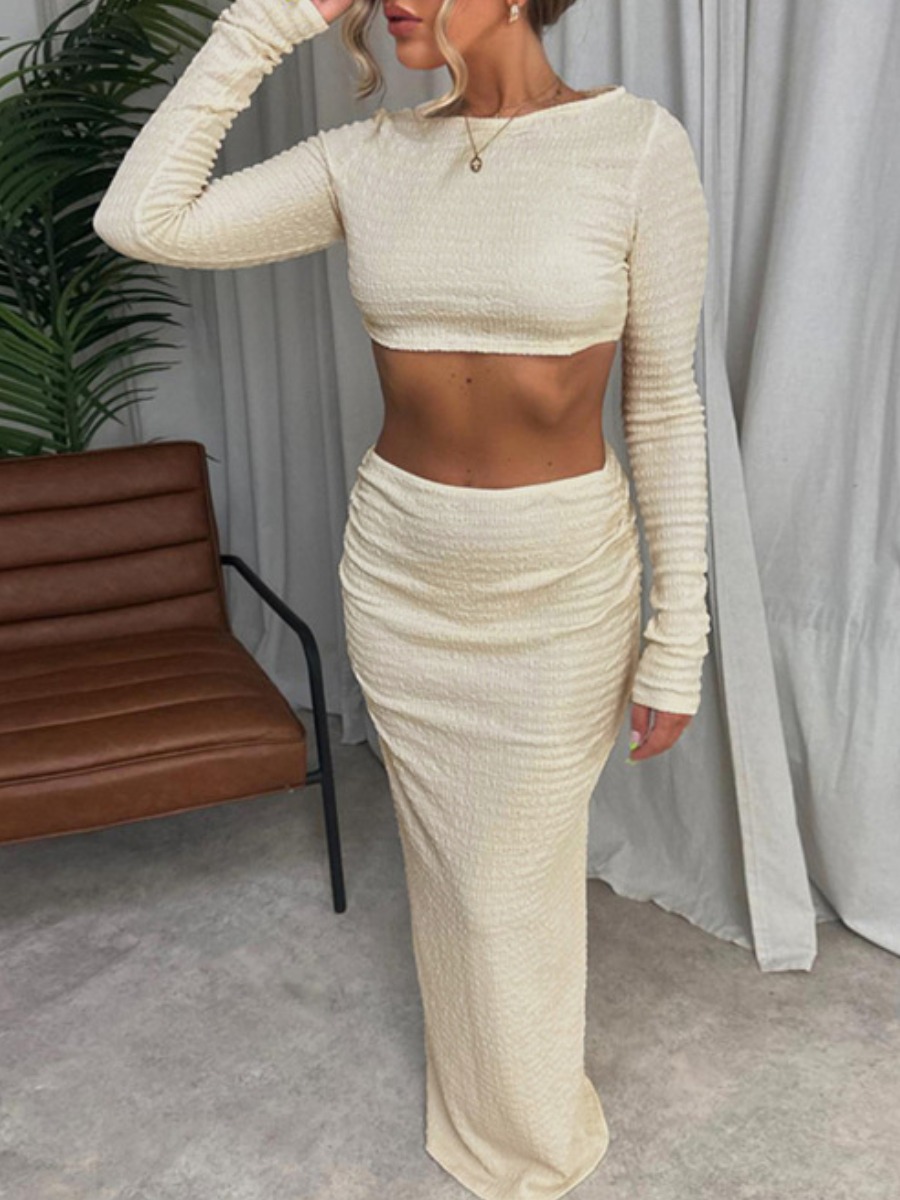 LW BASICS Casual Polyester Round Neck Solid Color Long Sleeve Two-piece Skirt Set