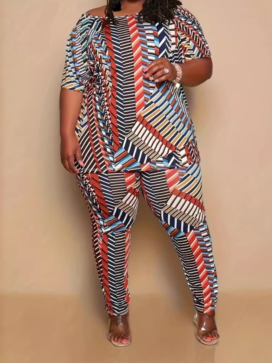 LW Boho Polyester Round Neck Pattern Geometric Short Sleeve Two-piece Pants Set