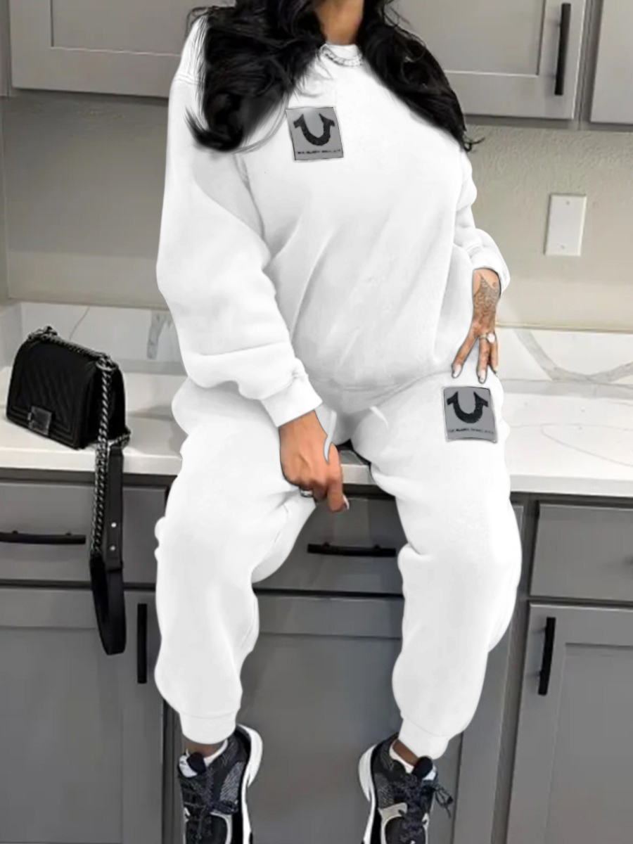 LW Casual Polyester Round Neck None Geometric Pattern Long Sleeve Two-piece Pants Set