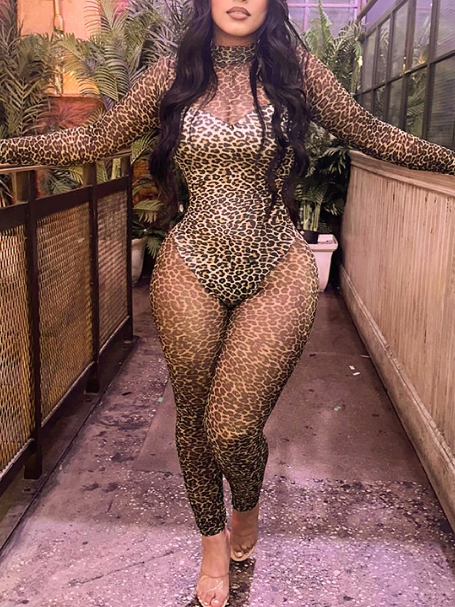 LW SXY See Through Leopard Leopard Jumpsuit