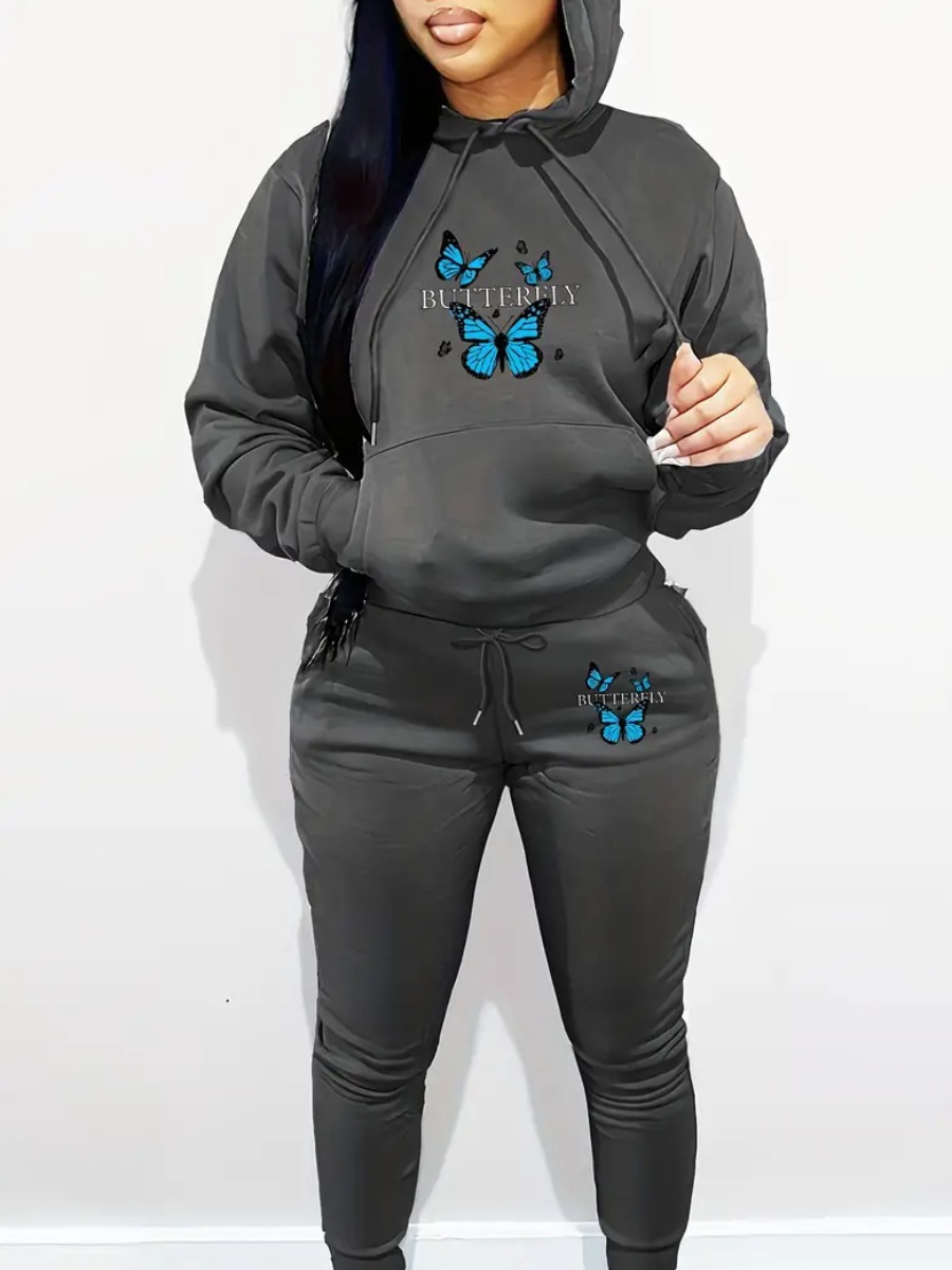 LW Street Polyester Hooded Collar Drawstring Mixed Print Long Sleeve Two-piece Pants Set