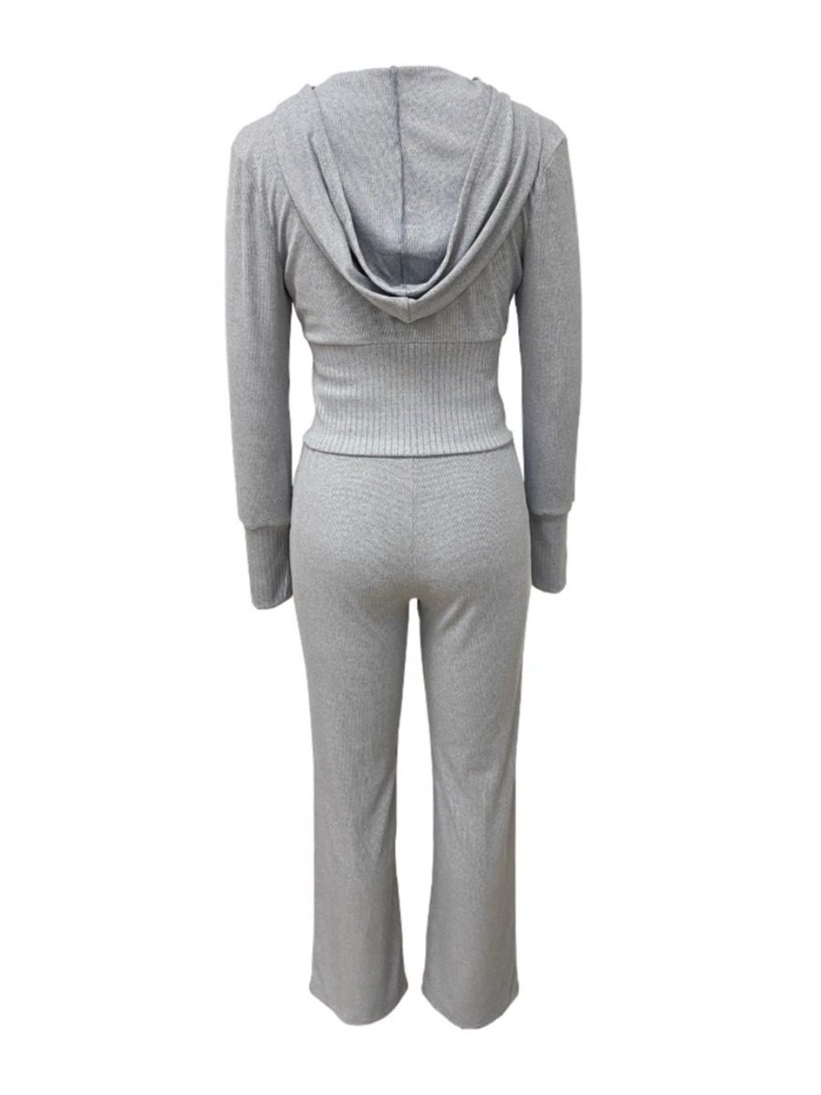 LW BASICS Casual Polyester Hooded Collar Drawstring Solid Color Long Sleeve Two-piece Pants Set