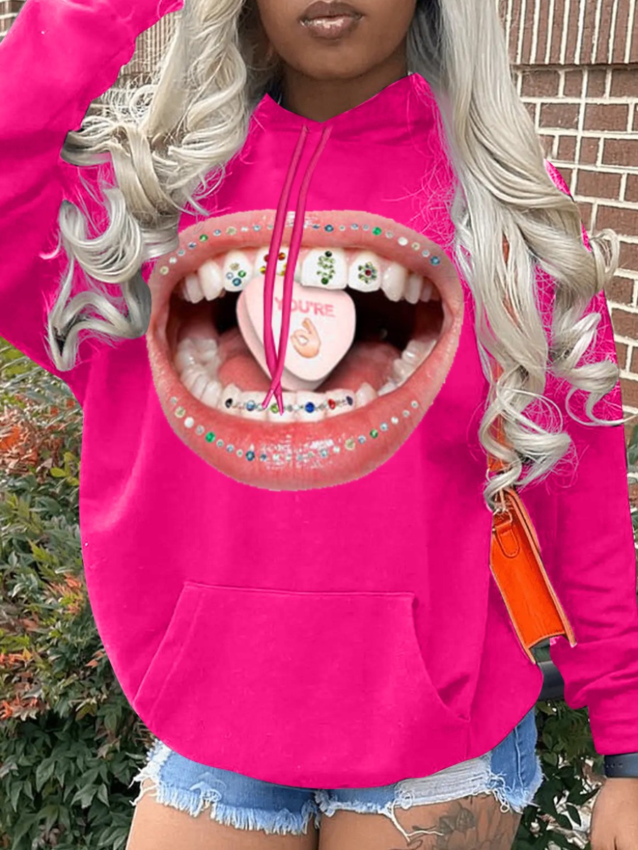 LW Drawstring Lip Print Hoodie