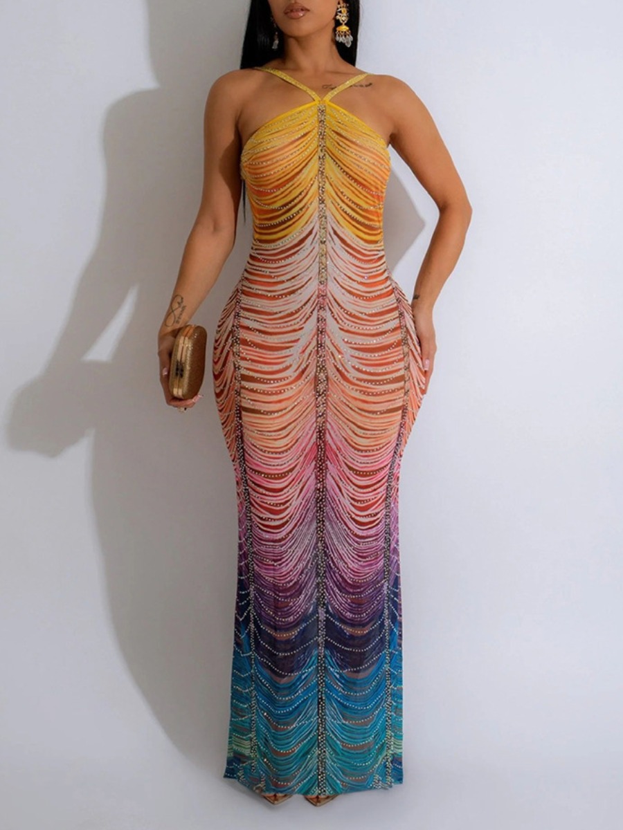 LW Tassel Design Gradient Print Prom Dress