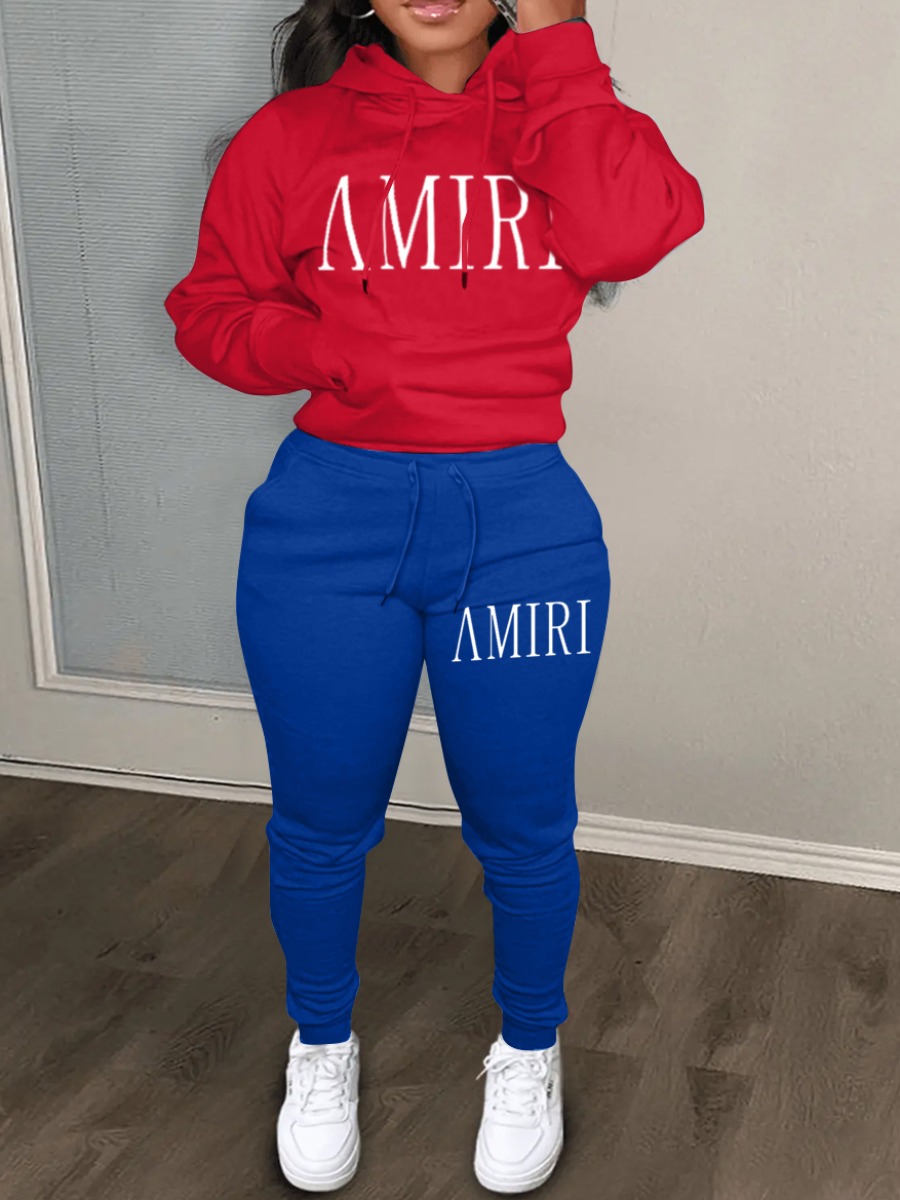 LW Casual Sweat Hooded Collar Pattern Letter Long Sleeve Two-piece Pants Set
