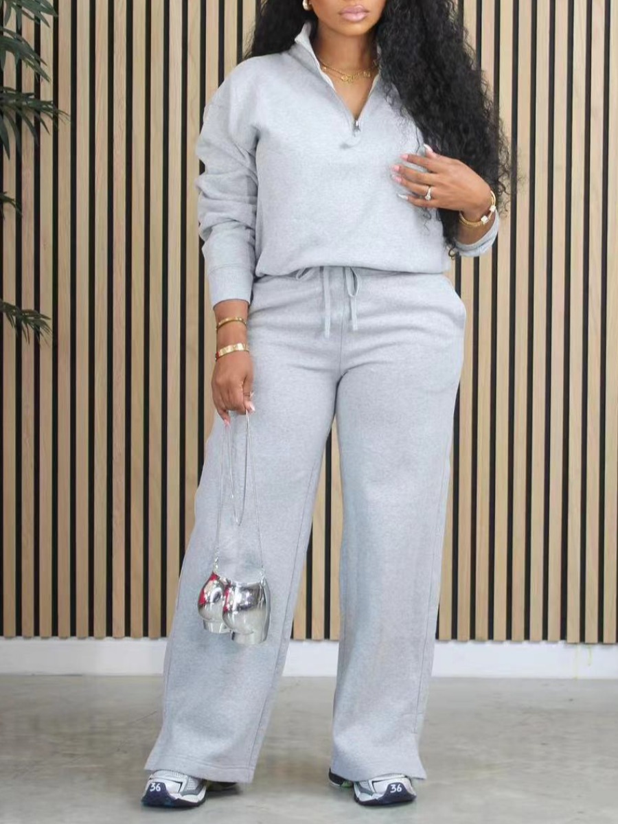 LW BASICS Casual Polyester Turndown Collar Bandage Design Solid Color Long Sleeve Two-piece Pants Set