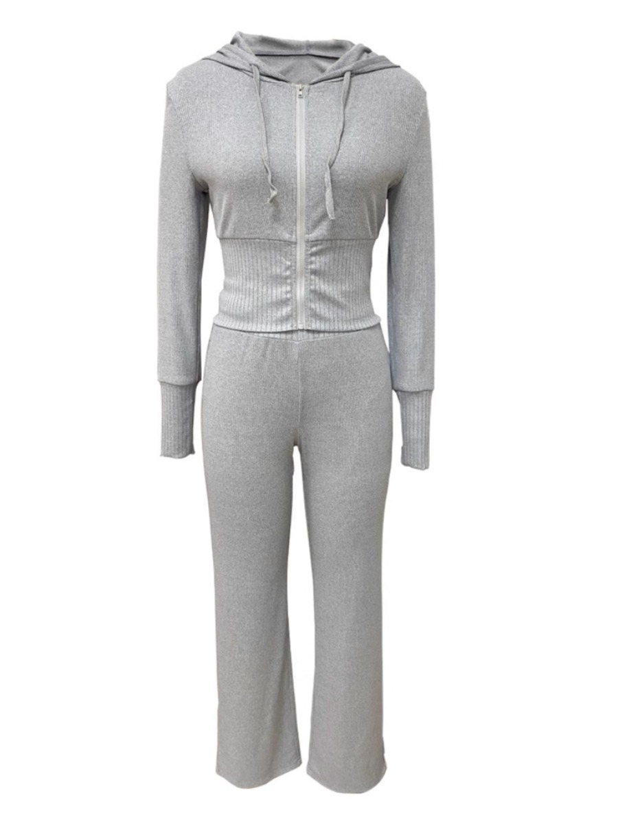 LW BASICS Casual Polyester Hooded Collar Drawstring Solid Color Long Sleeve Two-piece Pants Set