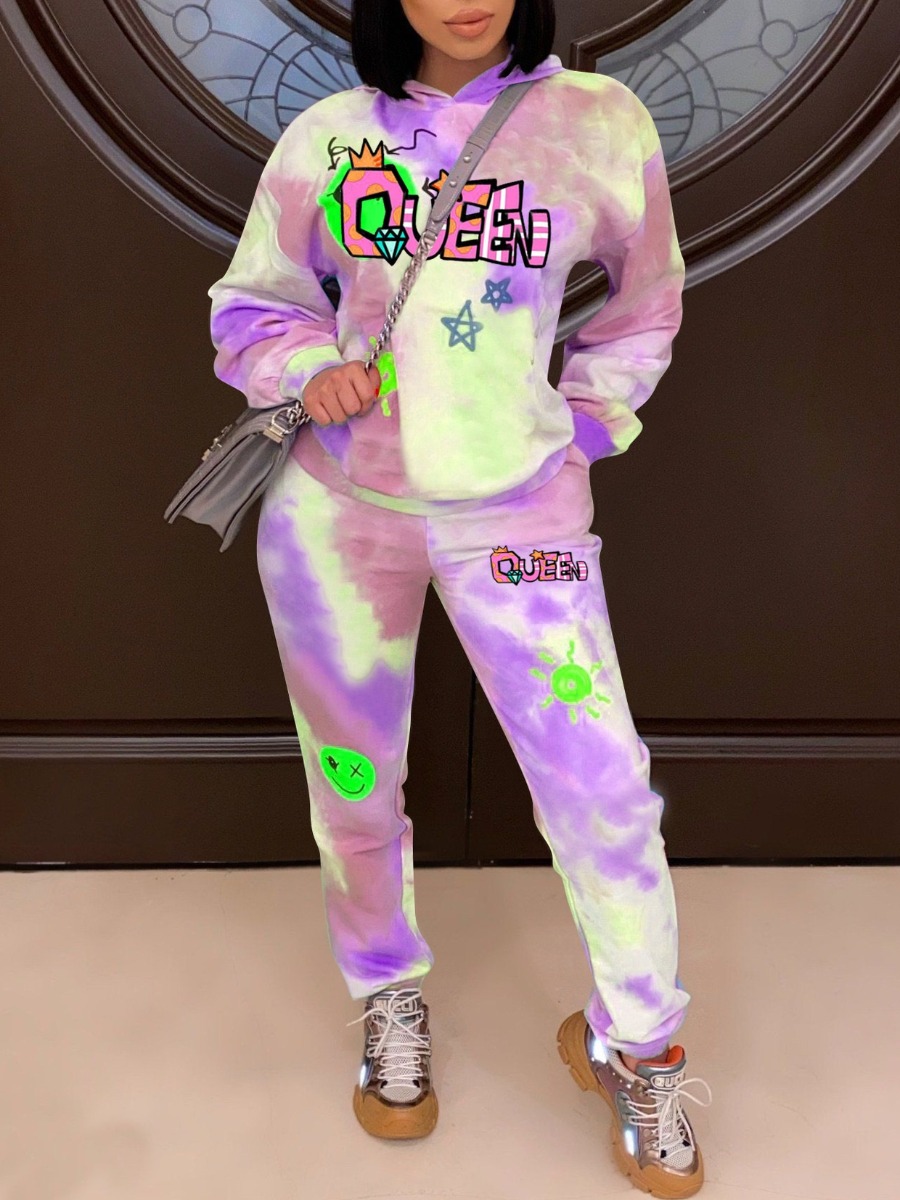 LW Casual Polyester Hooded Collar Pattern Tie Dye Long Sleeve Two-piece Pants Set