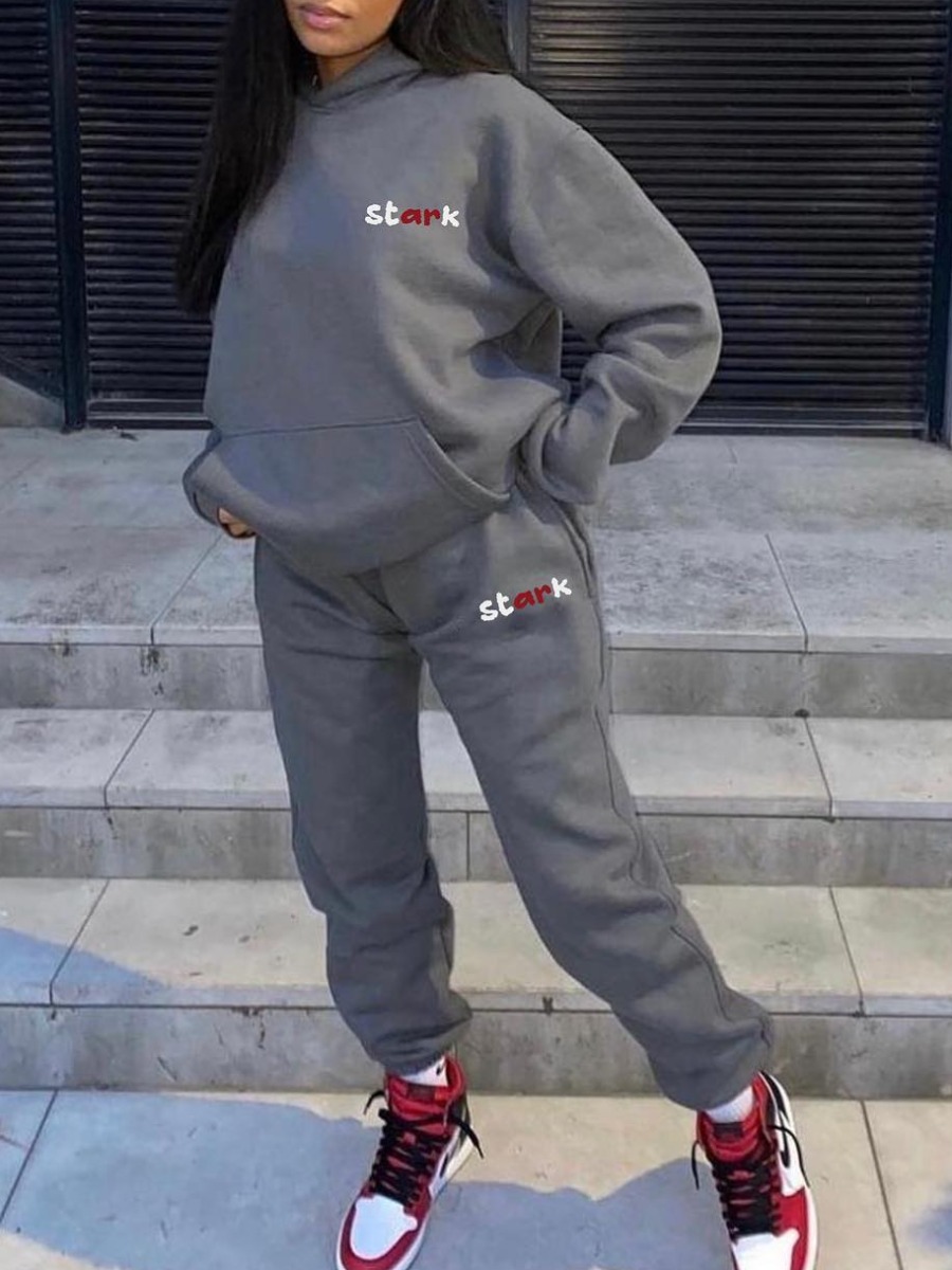LW Street Polyester Hooded Collar Pattern Letter Long Sleeve Two-piece Pants Set