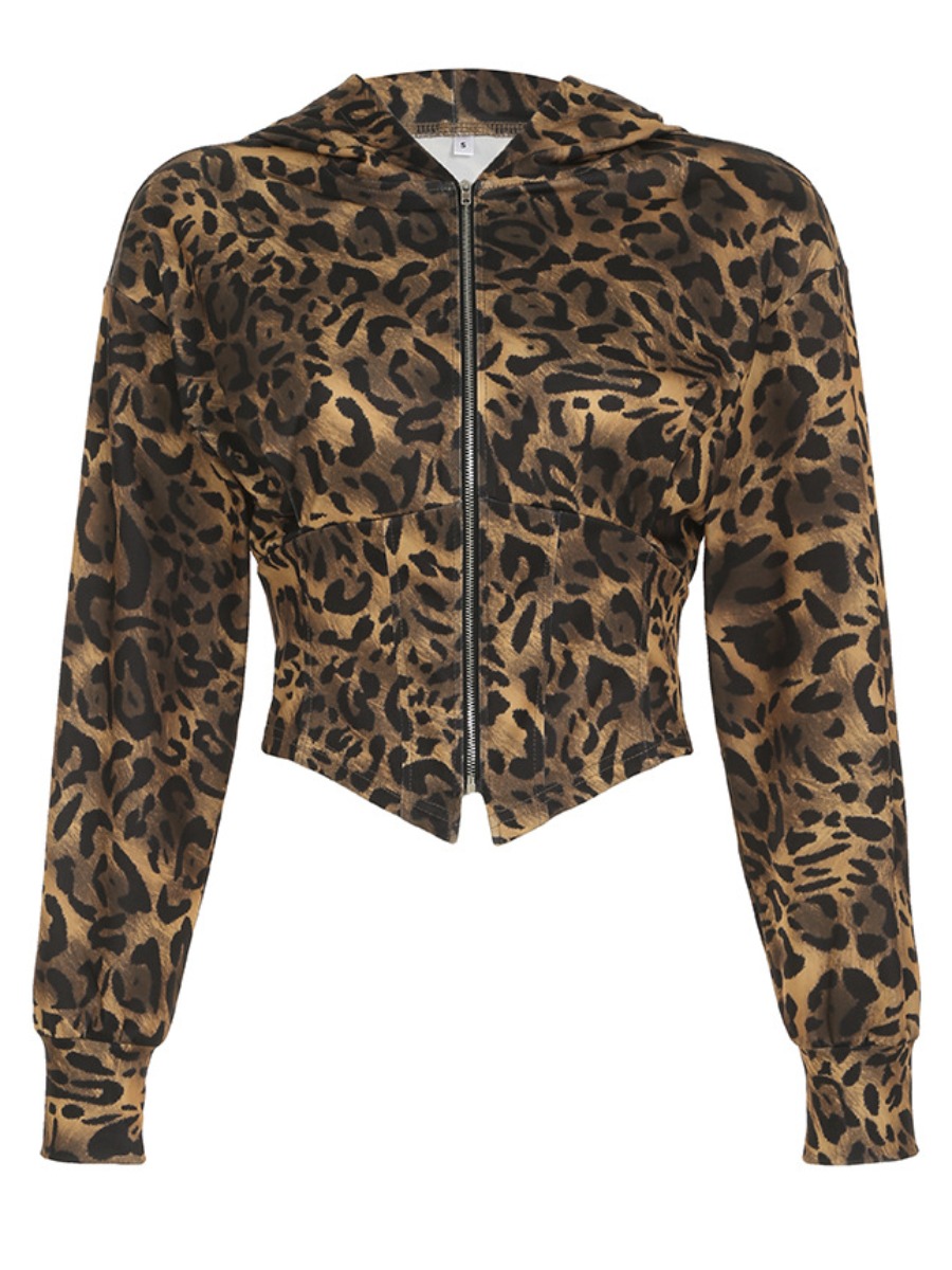 LW Zipper Design Animal Print Leopard Coat&Jacket