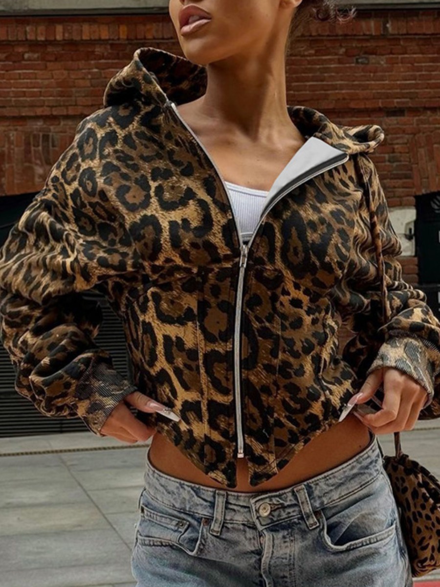 LW Zipper Design Animal Print Leopard Coat&Jacket