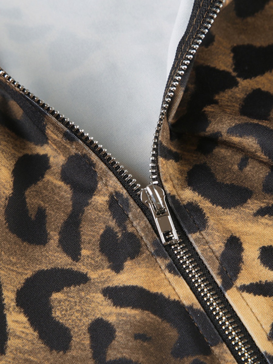 LW Zipper Design Animal Print Leopard Coat&Jacket