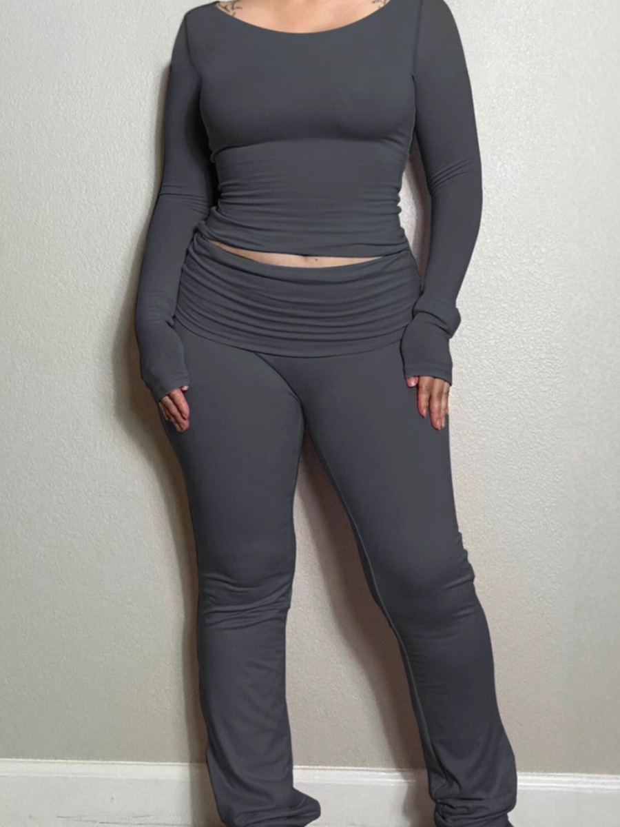 LW BASICS Casual Polyester U Neck Solid Color Long Sleeve Two-piece Pants Set