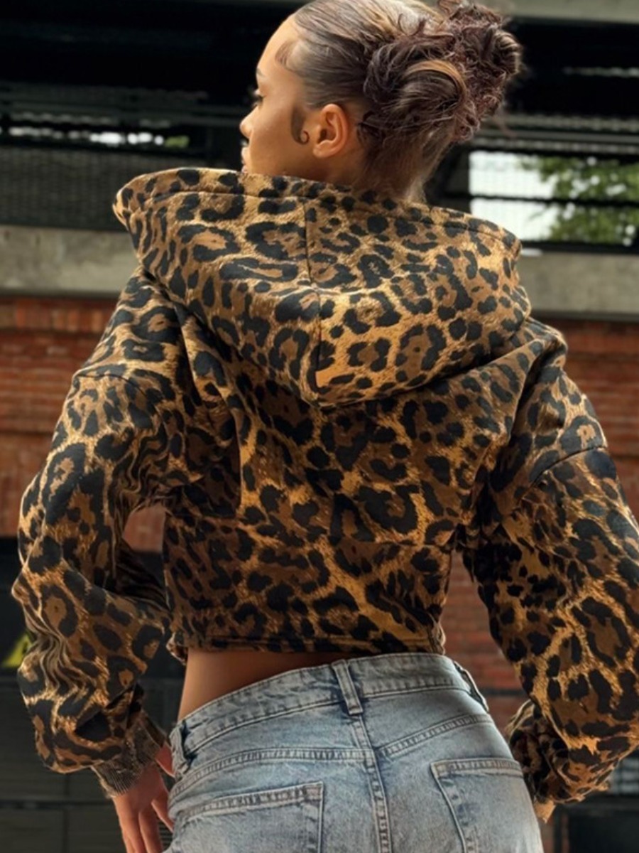 LW Zipper Design Animal Print Leopard Coat&Jacket