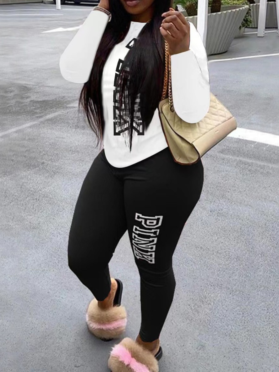 LW Casual Polyester Round Neck Pink Letter Long Sleeve Two-piece Pants Set