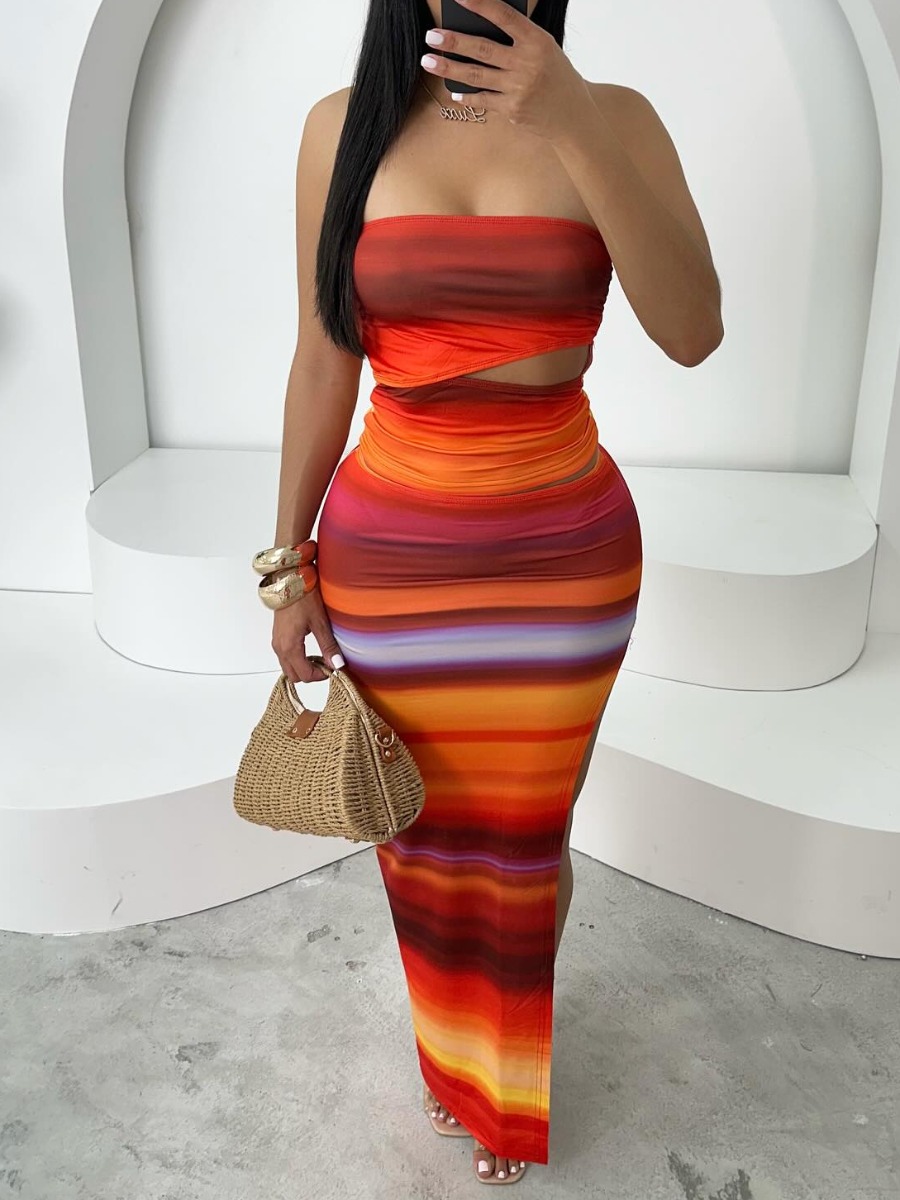 LW Vacation Polyester Strapless Pattern Striped Sleeveless Two-piece Skirt Set