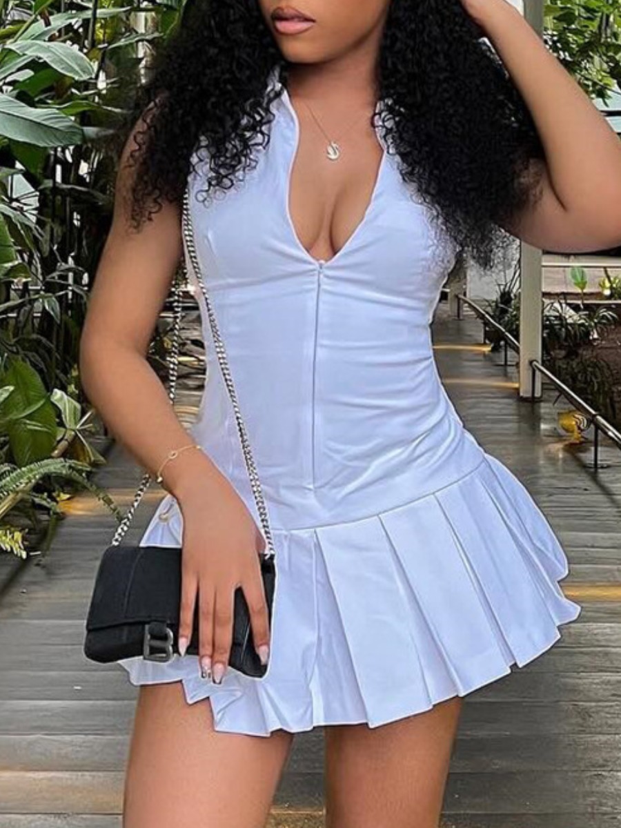 LW BASICS Pressed Pleat Solid Color Mini Dress